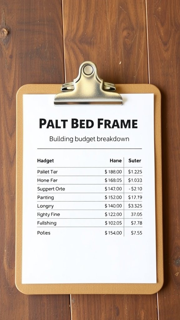 Budget breakdown for building a pallet bed frame, showing various materials and their costs.