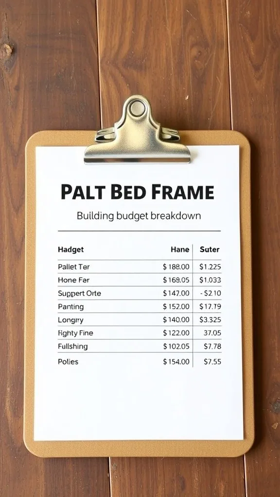 Budget breakdown for building a pallet bed frame, showing various materials and their costs.