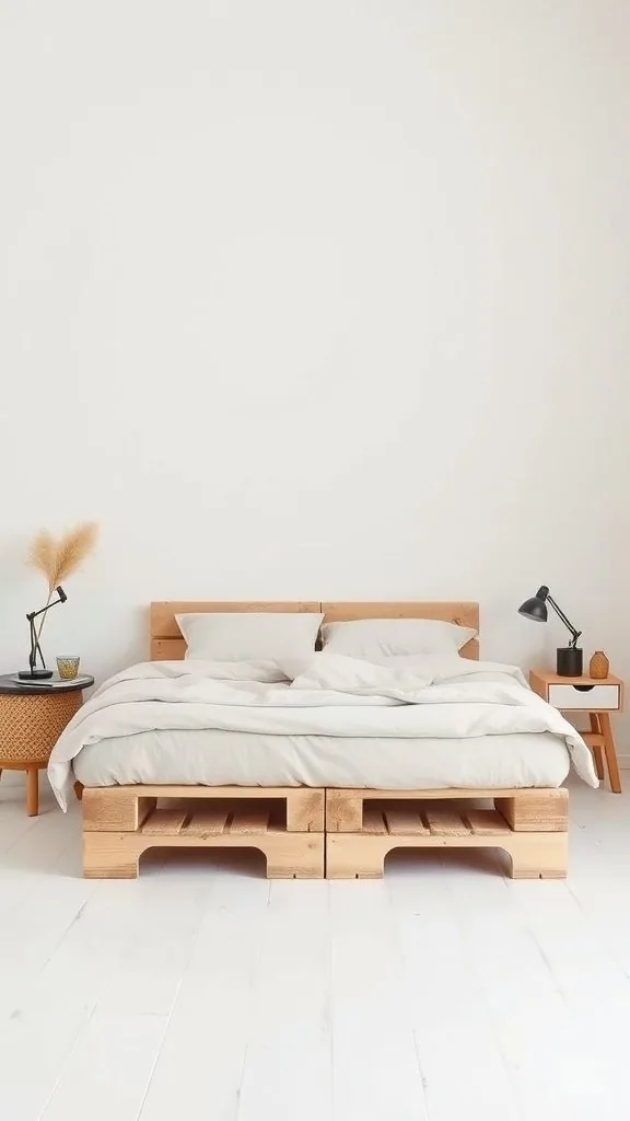 A minimalist pallet bed frame made of wood with light bedding and simple decor in a small room.