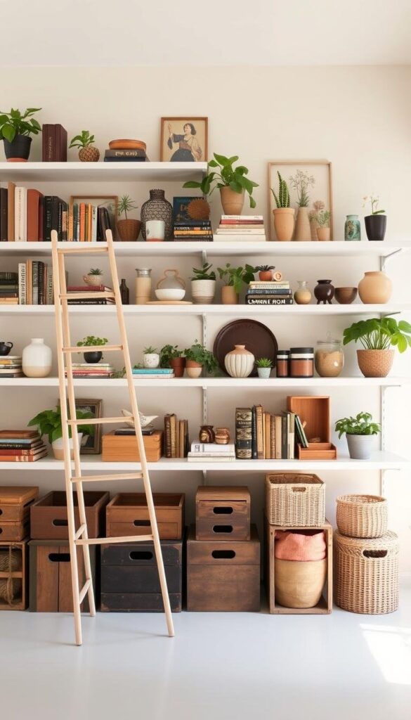 creative storage solutions for eclectic shelving
