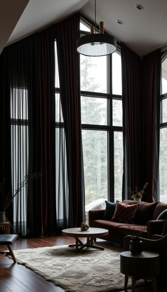 dark living room interior with large windows, heavy curtains in rich velvet or lush brocade fabrics in deep, muted tones like burgundy, forest green, or navy blue, cascading softly and elegantly from ceiling to floor, providing both privacy and a cozy, sophisticated ambiance, natural light filtered through the curtains creates a warm, moody glow, minimalist decor with wooden accents, a plush area rug, and a statement light fixture overhead, the overall scene exuding a sense of refined luxury and tranquility
