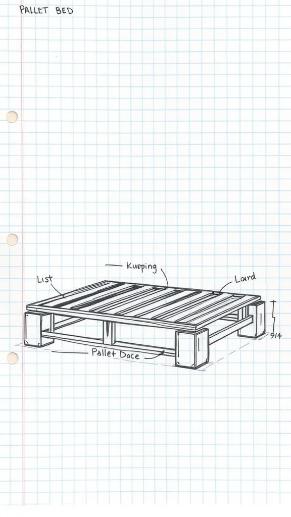 Sketch of a pallet bed frame with labeled dimensions on graph paper.