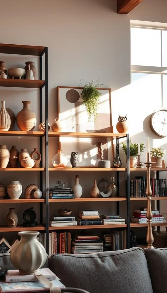 eclectic open shelving display