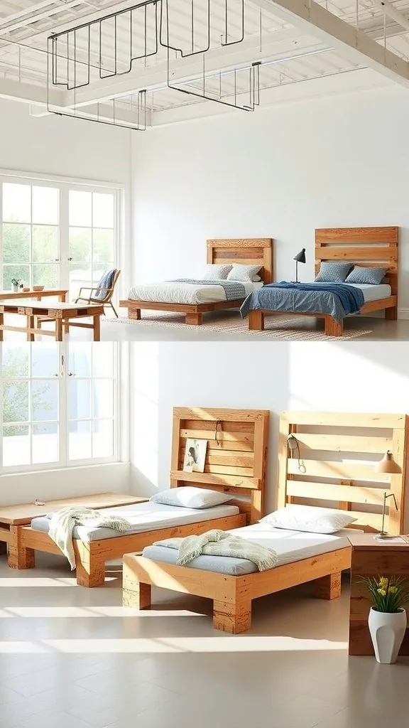 Two wooden pallet bed frames in a bright room with blue bedding