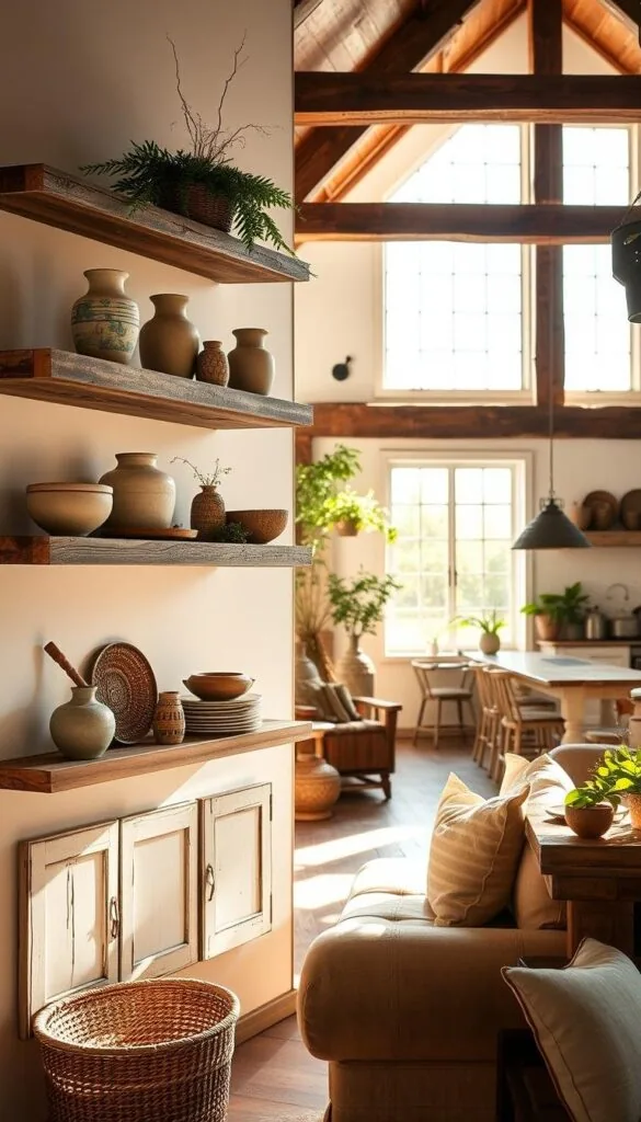 farmhouse floating shelves in a rustic home decor setting