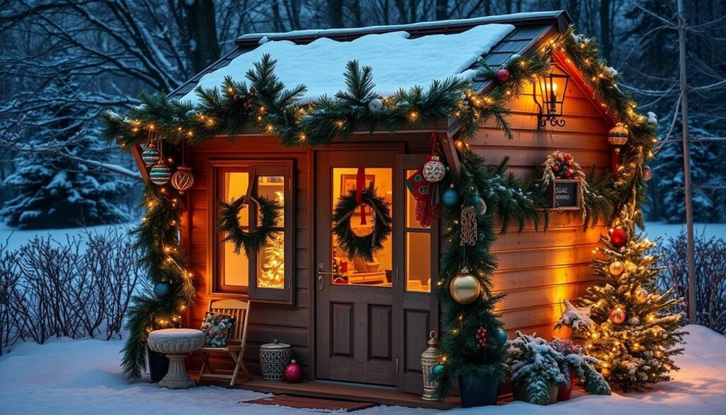 festive Christmas garden shed decor