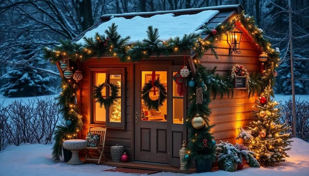 festive Christmas garden shed decor