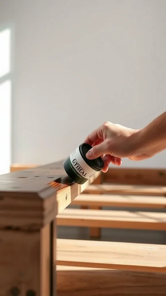 A person staining a wooden pallet bed frame with a black container in hand.