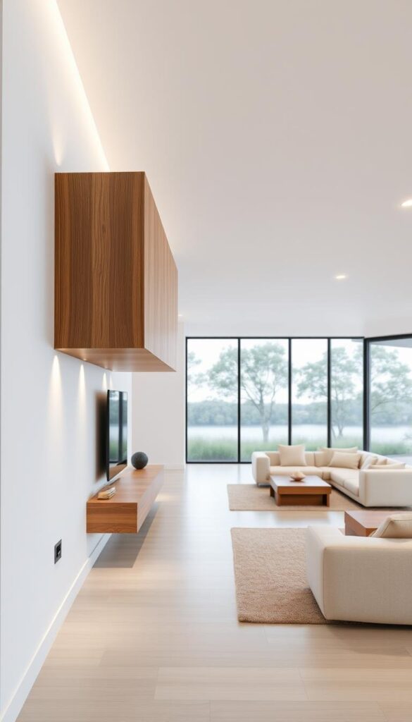 floating wood cabinets in modern living room