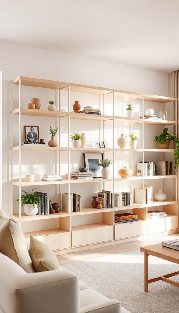 functional open shelving in living room
