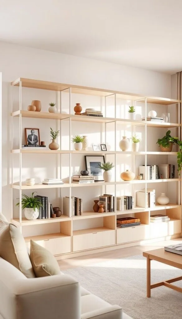 functional open shelving in living room