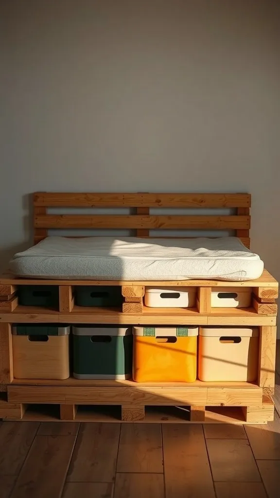DIY pallet bed frame with storage bins underneath