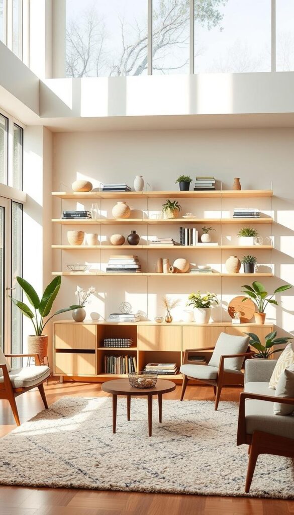 living room open shelving placement ideas