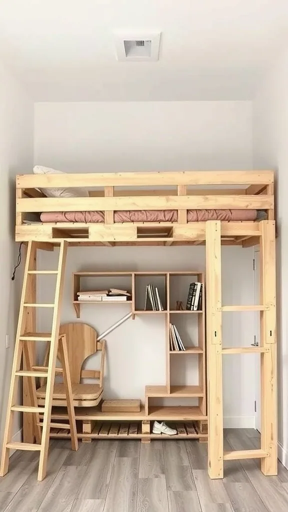 A stylish small room featuring a lofted pallet bed frame with storage underneath.