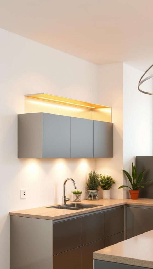 metal floating cabinets in modern kitchen