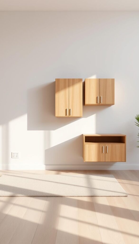 minimalist floating cabinets living room design