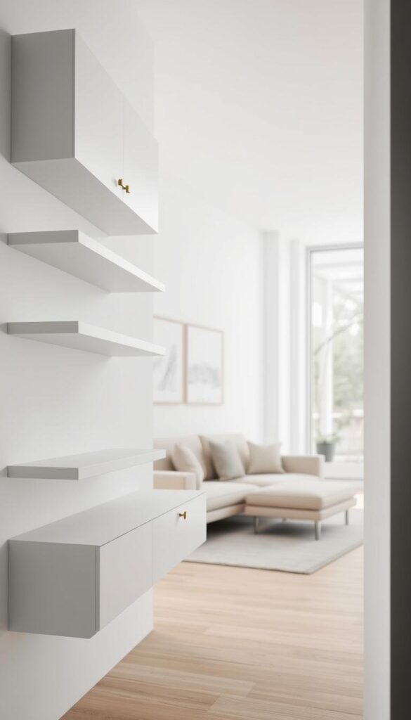 minimalist home organization with floating storage solutions