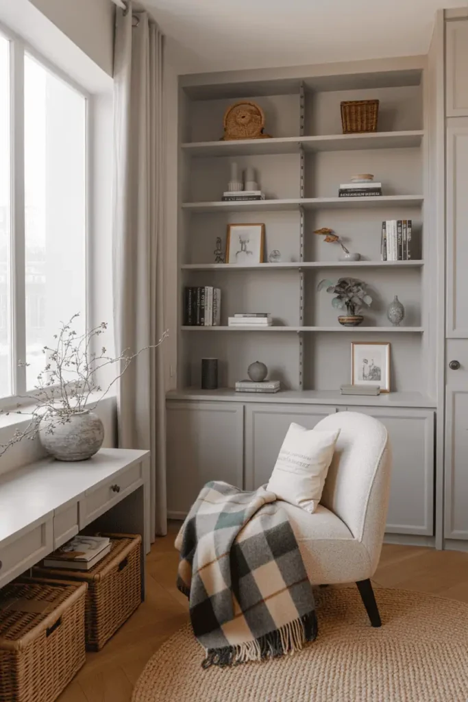Cozy gray bookshelf nook with plaid throw.