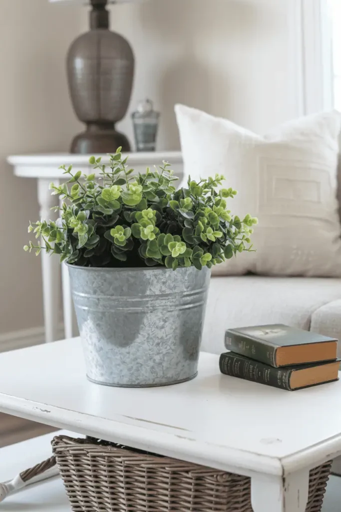Rustic coffee table with galvanized planter and books.