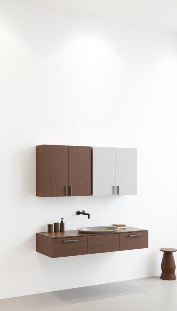 modern floating cabinets in minimalist bathrooms