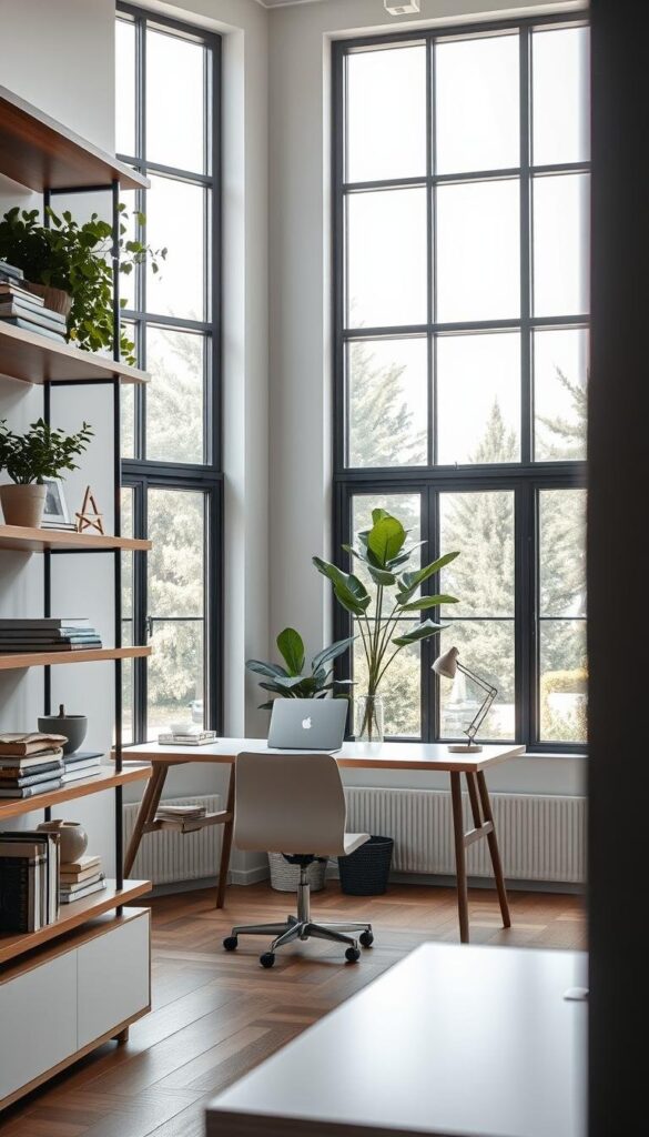 modern home office open shelving setup
