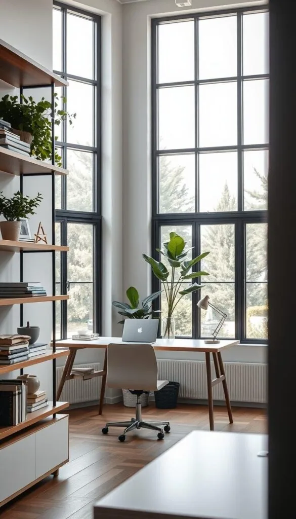 modern home office open shelving setup modern home office open shelving setup
