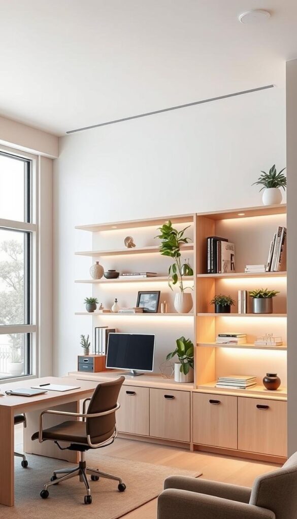 modern office decor with decorative shelving