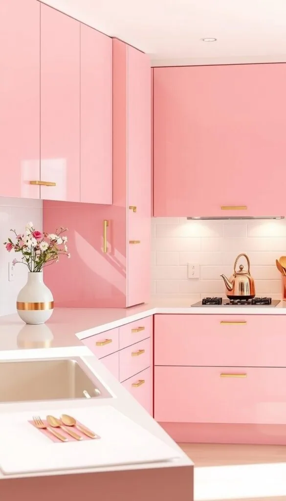 modern pink kitchen cabinets with accessories
