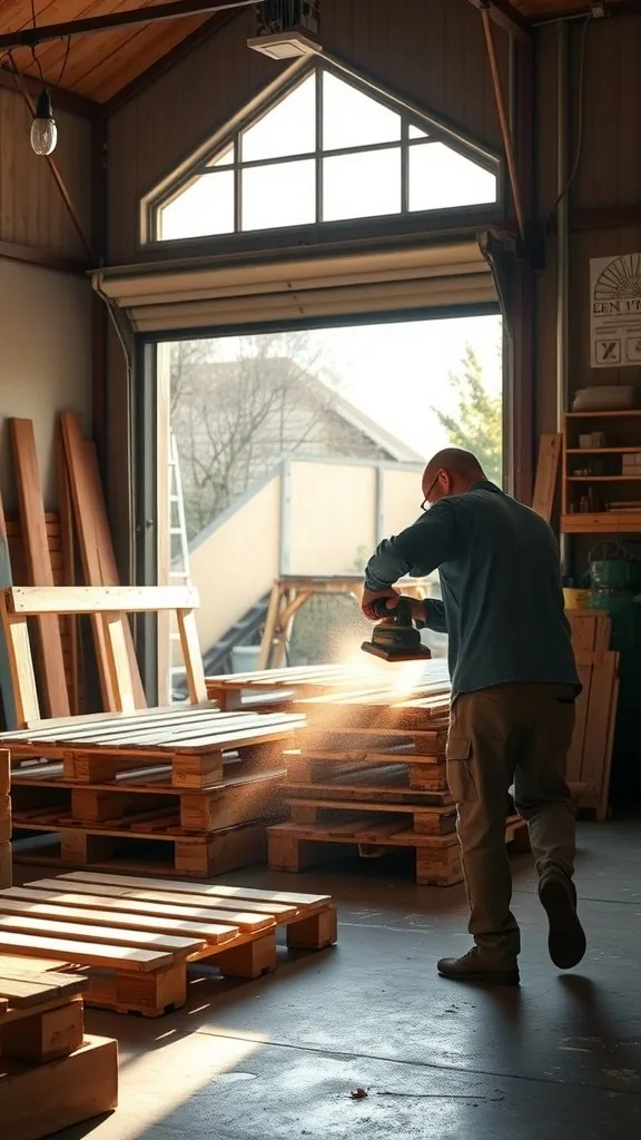 A person sanding a wooden pallet in a workshop with sunlight coming through the windows.
