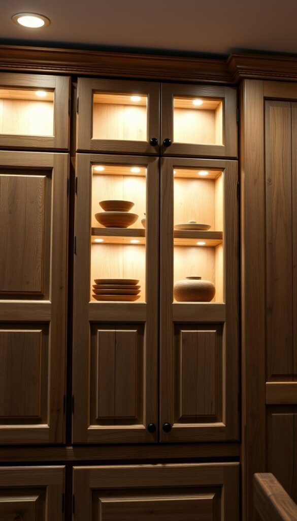 rustic kitchen cabinets with layered lighting