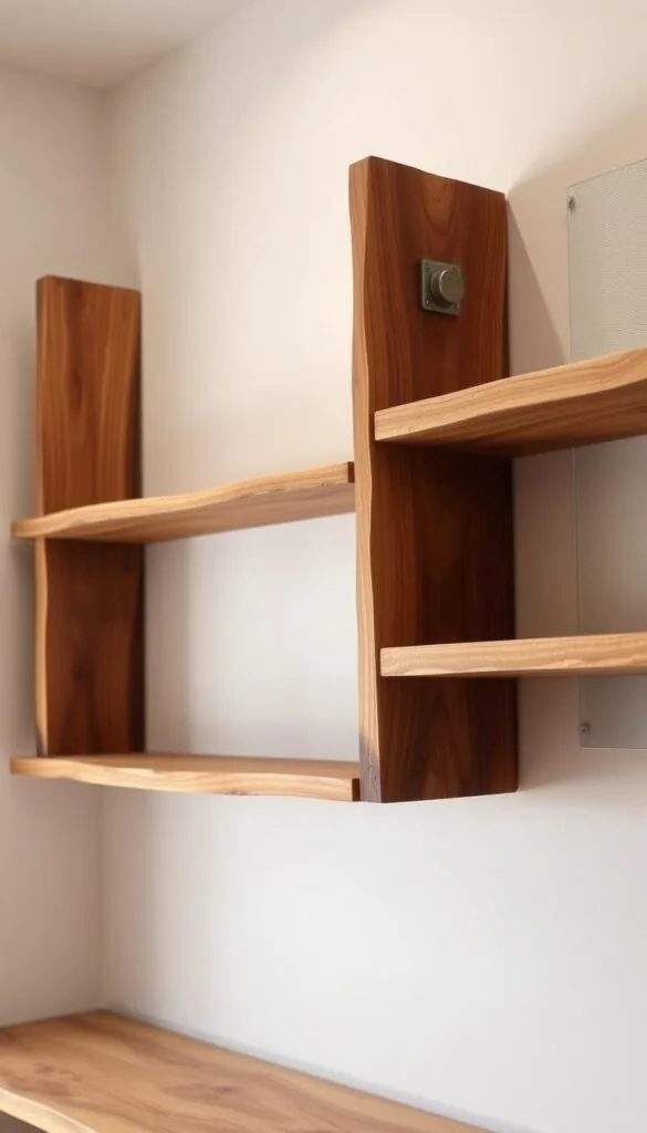 rustic wood shelves with natural wood grain patterns