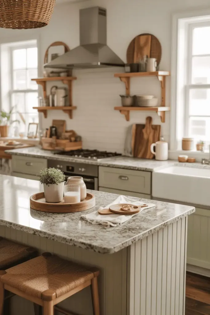 Granite countertops in a modern farmhouse kitchen
