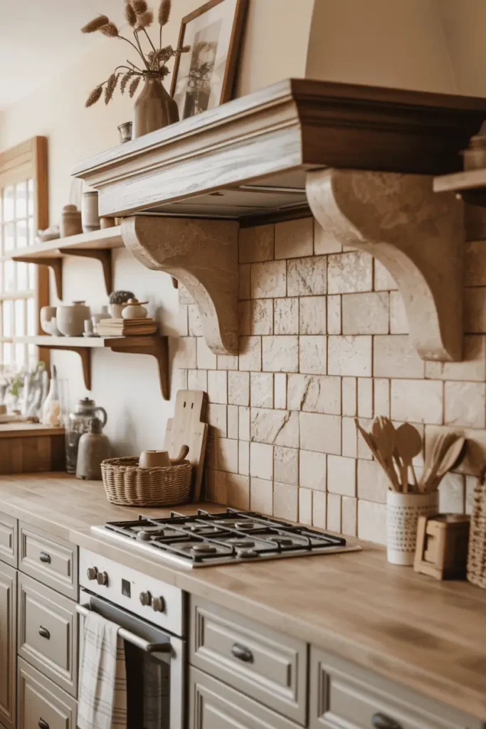 Stone backsplash with travertine tiles