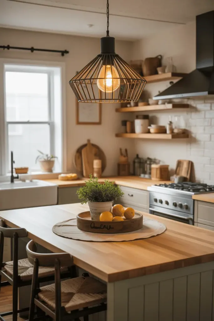 Pendant lighting over a butcher block island