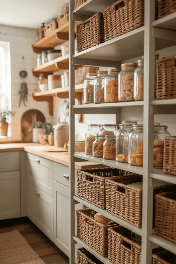 Organized pantry with glass jars and woven baskets