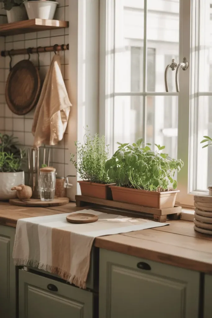 Windowsill herb garden in farmhouse kitchen