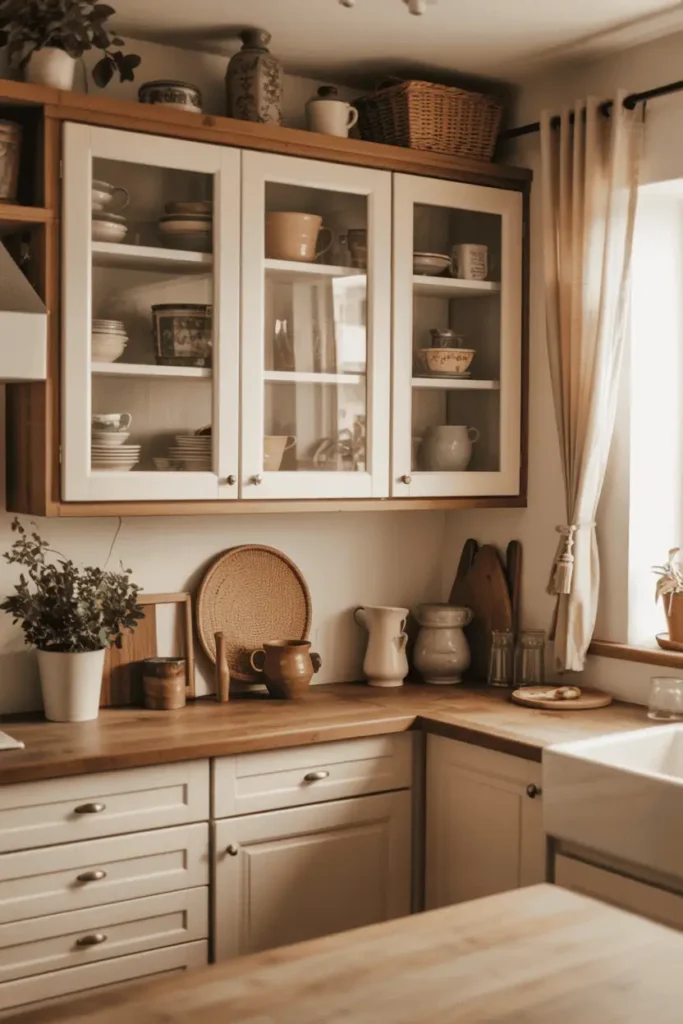 Glass-front cabinets with colorful ceramics