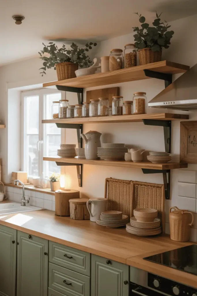 Floating wood shelves styled with jars and dishes