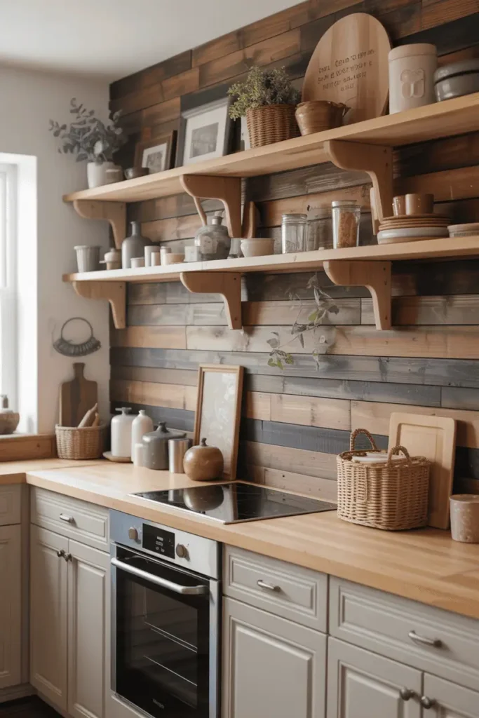 Barn wood accent wall behind open shelving