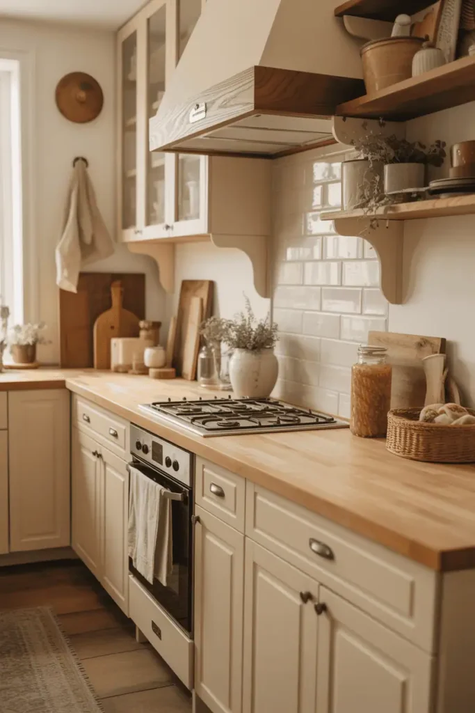 Butcher block countertops paired with cream cabinets