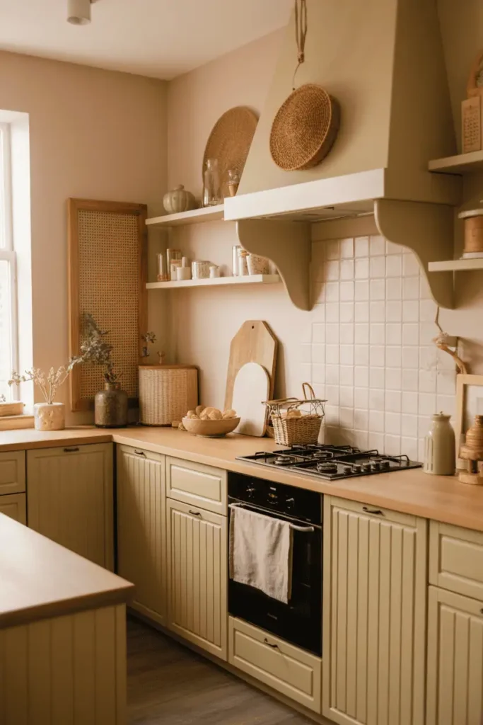 Warm neutral tones with beige walls and sage green accessories