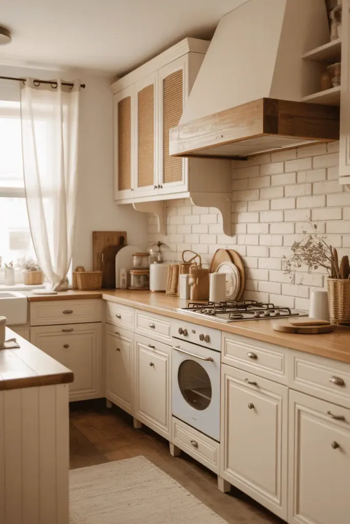 Classic white and cream kitchen with natural wood accents
