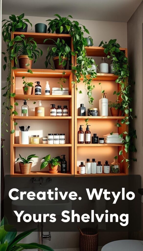 stylish bathroom storage solutions with greenery