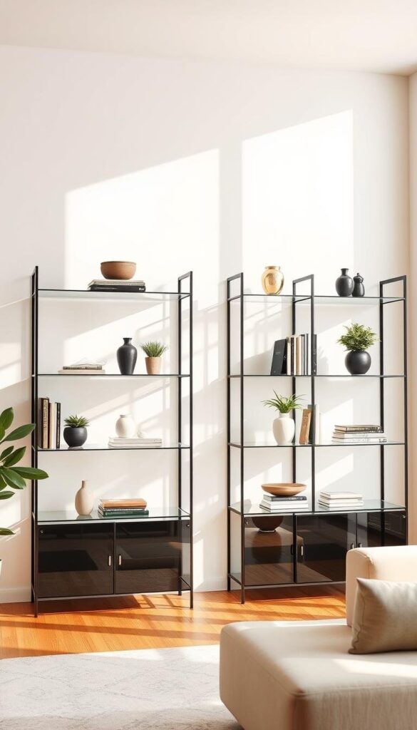 stylish living room organization ideas with glass shelves