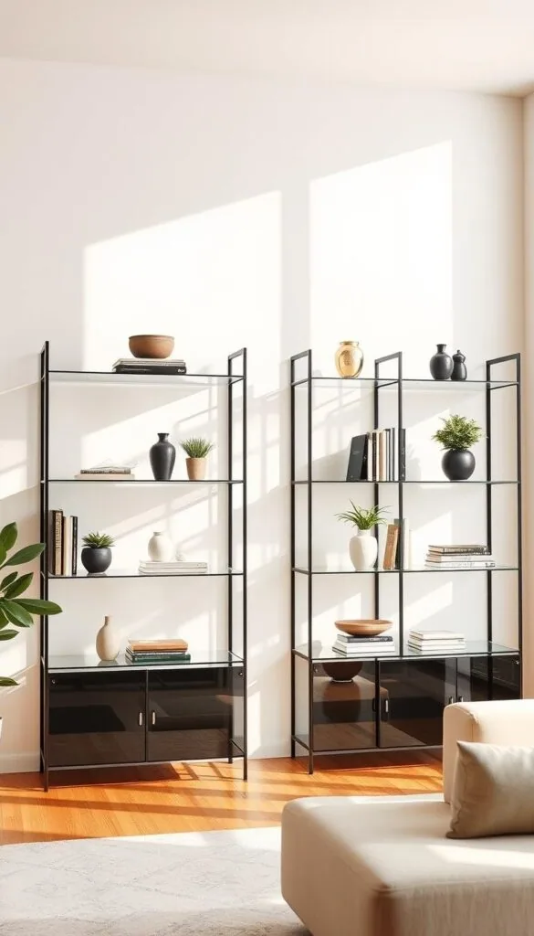 stylish living room organization ideas with glass shelves