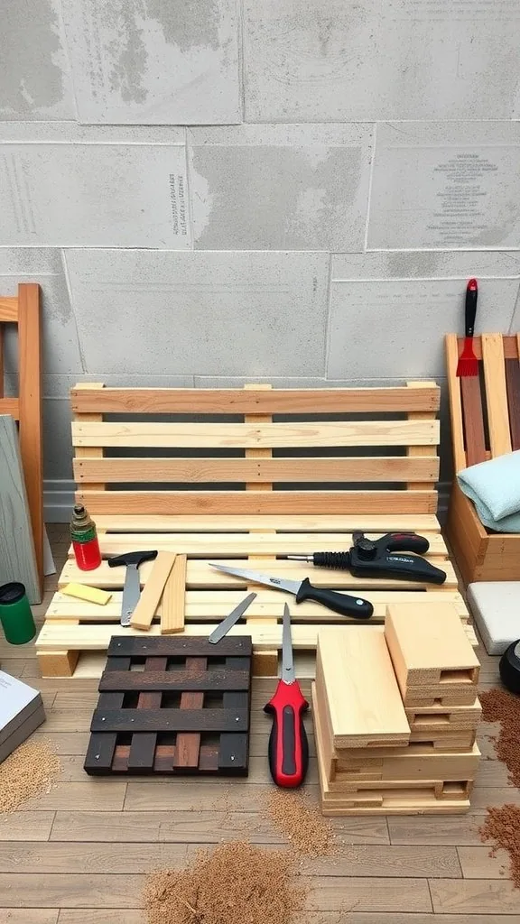 Workspace with wooden pallets and tools for building a pallet bed frame.