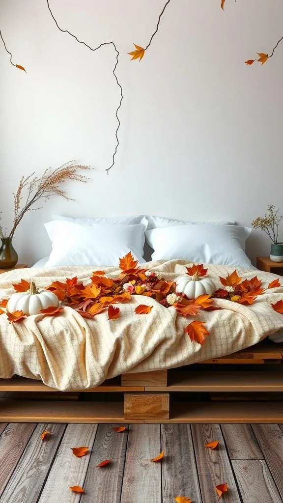 A pallet bed frame decorated with autumn leaves and pumpkins, showcasing a seasonal decor theme.