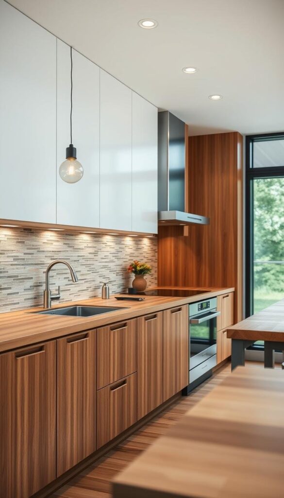 two tone kitchen inspiration with wood and synthetic materials