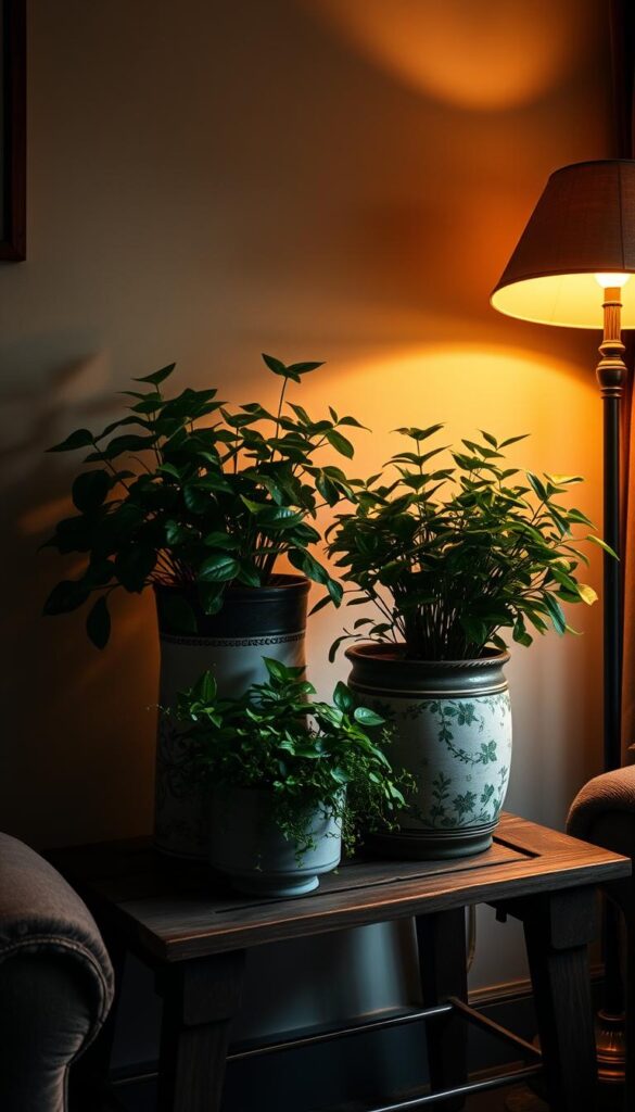vintage planters with lush, thriving houseplants creating a timeless, cozy decor in a dimly lit, vintage-inspired living room. The planters are placed on a rustic, wooden side table, casting soft shadows on the wall behind. Warm, diffused lighting from a nearby floor lamp illuminates the scene, creating a inviting, atmospheric ambiance. The plants' verdant foliage and earthy tones complement the room's muted color palette, conveying a sense of natural harmony and tranquility. vintage planters with lush, thriving houseplants creating a timeless, cozy decor in a dimly lit, vintage-inspired living room. The planters are placed on a rustic, wooden side table, casting soft shadows on the wall behind. Warm, diffused lighting from a nearby floor lamp illuminates the scene, creating a inviting, atmospheric ambiance. The plants' verdant foliage and earthy tones complement the room's muted color palette, conveying a sense of natural harmony and tranquility.