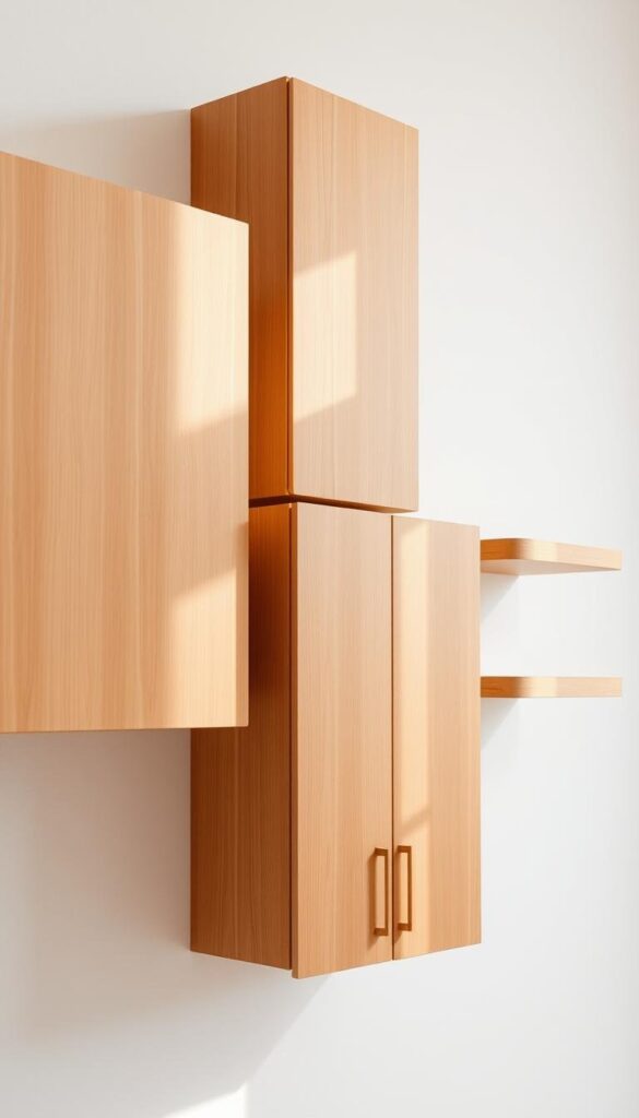 wooden floating cabinets mounted on wall